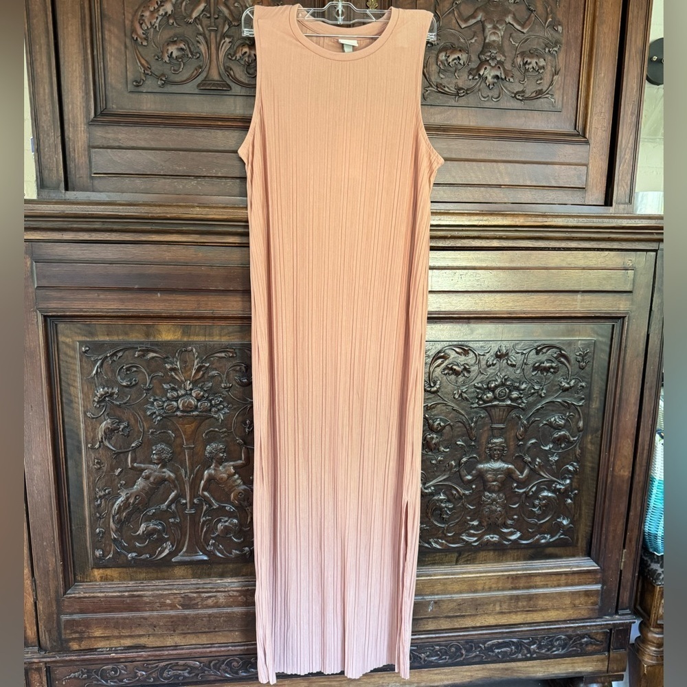A new day dress accordian pleated can terra cotta maxi side slit small NEW
